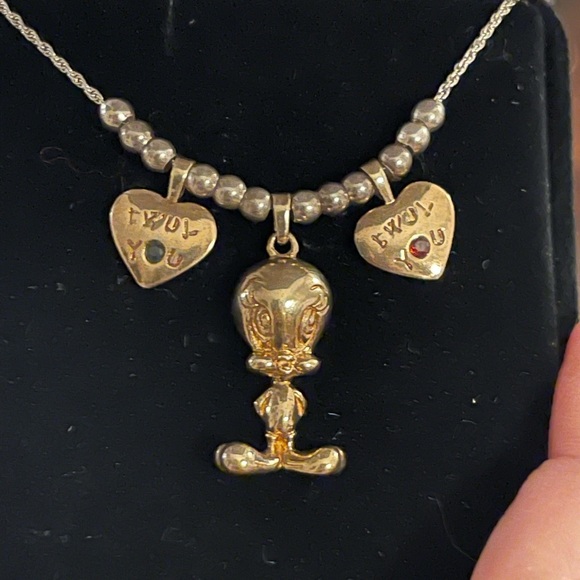 Rare Tweety bird & “TWUV YOU” gold plated sterling silver charm pendant & chain - Picture 3 of 6